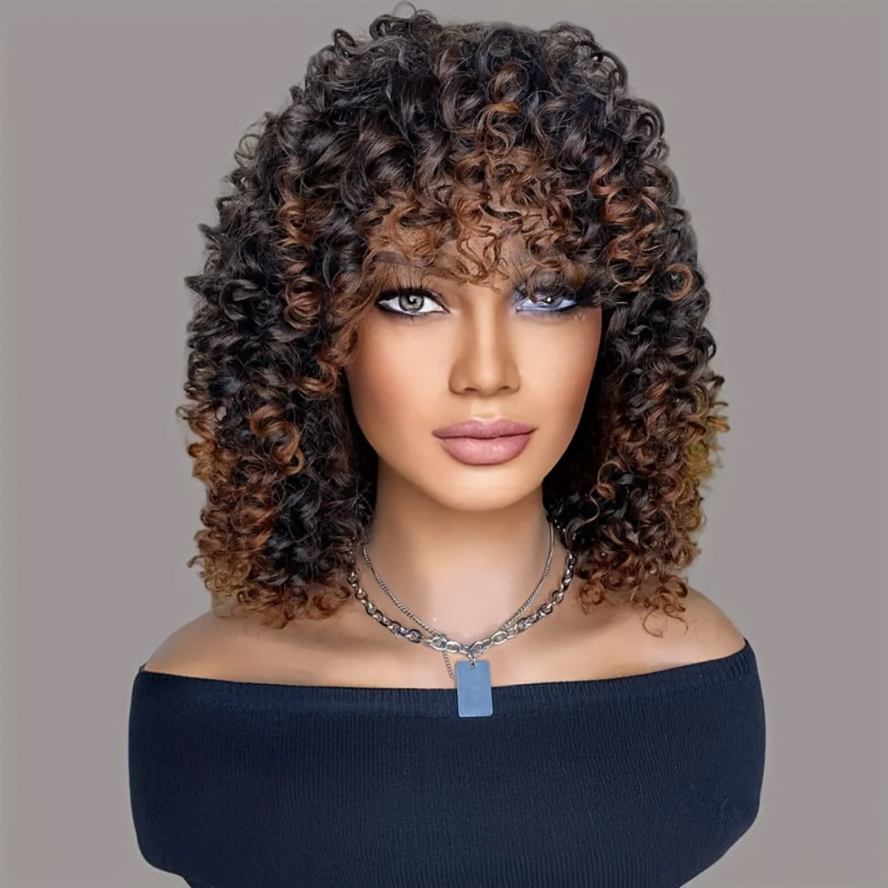 Synthetic Wig 14-Inch Kinky Curly Afro with Bangs in Black, Granny Gray or Dark Brown for Daily Styling