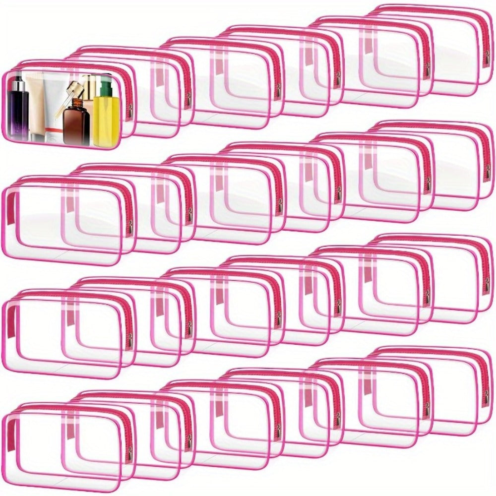 Twenty-Four Clear Zipper Toiletry Pouches, 7 by 4.7 by 2 Inches, in White or Rose Red Options