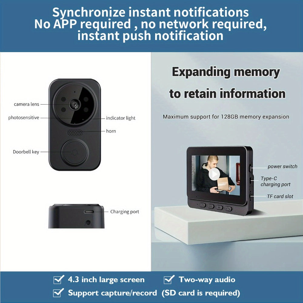 170° Wide Angle Video Doorbell Camera 1080P with 4.3" HD Monitor - No WiFi No App No Subscription, 850nm Night Vision, USB-C Rechargeable, 128GB SD Card Option, Two-Way Audio