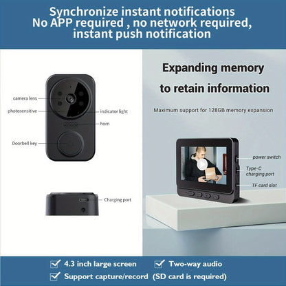 170° Wide Angle Video Doorbell Camera 1080P with 4.3" HD Monitor - No WiFi No App No Subscription, 850nm Night Vision, USB-C Rechargeable, 128GB SD Card Option, Two-Way Audio