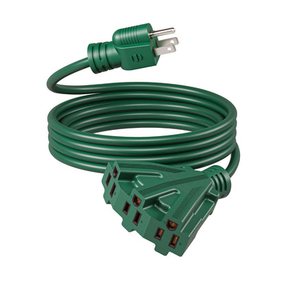 Green 12-Foot 16/3 Extension Cord with Three-Outlet Splitter, 13A 125V and 1625W Pictured Label