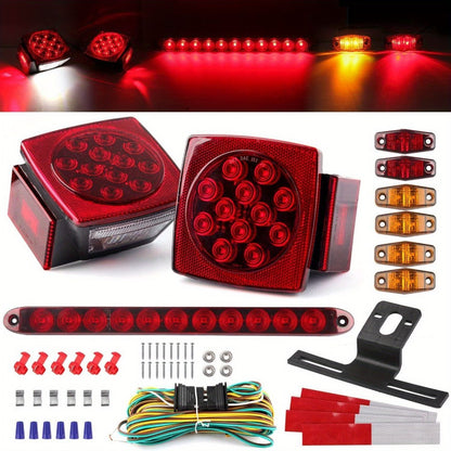 Trailer LED Light Kit – Square Stop Turn Tail Lights, 29FT Wiring Harness, 6 LED Marker Lights & 11-LED Light Bar with License Plate Bracket | 12V