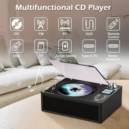 CD Player with Bluetooth Stereo Speakers, FM Radio, USB Playback, AUX Input, LED Display, Remote Control, Type-C Charging, Earphone Jack, All-in-One Home Audio System for Adults Seniors