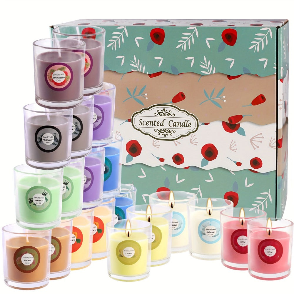 20-Piece Candle Gift Set with Glass Jars, Ten Fragrance Label Styles and Multicolor Assortment