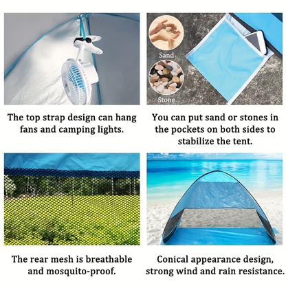 Pop-Up Beach Sun Shelter with 200 x 165 x 130 cm Interior, Six Stakes and Green or Blue Options