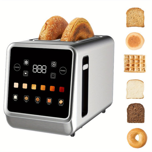 Digital Touch Screen Toaster 2 Slice Stainless Steel with 5 Bread Functions 7 Shade Settings Bagel Defrost Reheat Cancel Removable Crumb Tray LED Display Kitchen Toaster