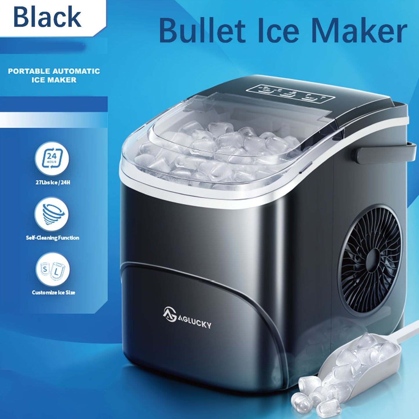 Countertop Bullet Ice Maker with 26 lb Daily Label, Cleaning Cycle and Four Color Selections