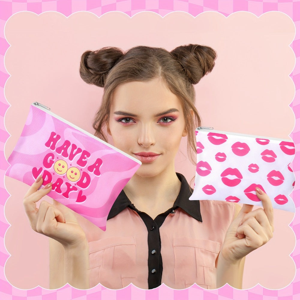 Bulk 24-Piece Pink Cosmetic Pouch Set with Mixed Western-Style Prints and Top Zipper Closures