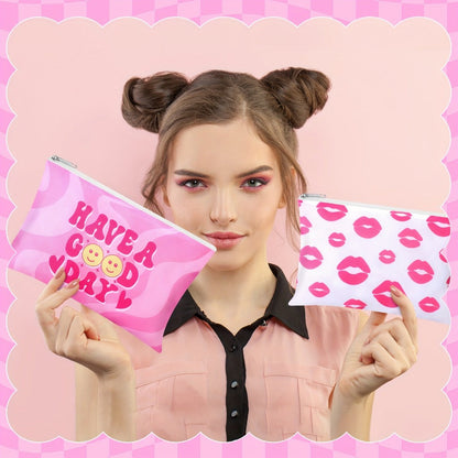 Bulk 24-Piece Pink Cosmetic Pouch Set with Mixed Western-Style Prints and Top Zipper Closures