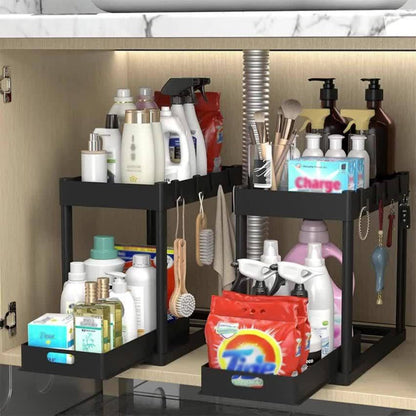 Under Sink Organizer 2pcs Double Tier Sliding Storage Basket with 8 Hooks – Kitchen Bathroom Cabinet Rack Shelf