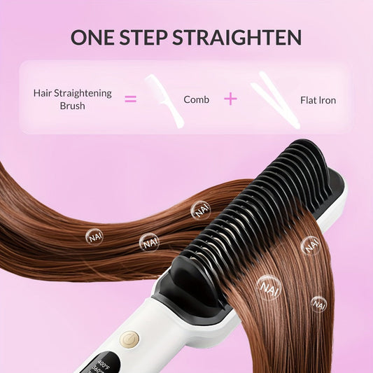 Ionic Hair Straightener Brush Anti-Scald – Precise Temperature Control Auto Shut-Off Straightening Comb Flat Iron for Women All Hair Types – Rose Gold, Black, Gift for Her