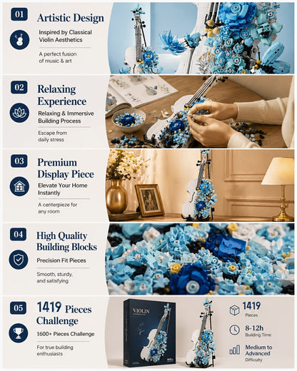 1419-Piece Flower Violin Building Block Model with Brick-Built Stand, Blue Blooms and Panel Detail