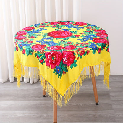 Tablecloth Square 53-Inch Floral Cover with Tassel Trim, Polyester Fabric and Six Color Options