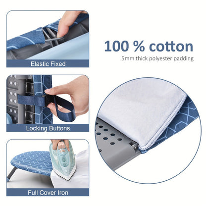 Mini Blue Tabletop Ironing Board with Short Folding Legs, Hanging Loop and Geometric Cover