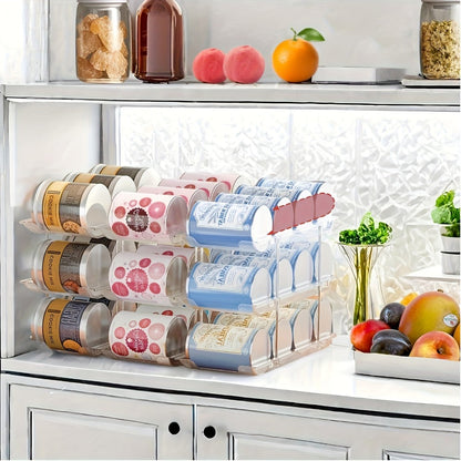 Can Organizer Rack for Pantry Fridge 3-Tier Stackable Rolling 36 Capacity Clear Plastic Automatic Rolling Canned Food Storage Space Saving Kitchen Organizer 3 Sets