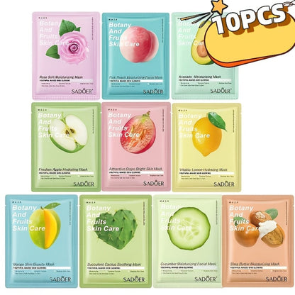 Ten-Piece SADOER Sheet Mask Assortment with Individually Packed Fruit and Rose Pouch Labels