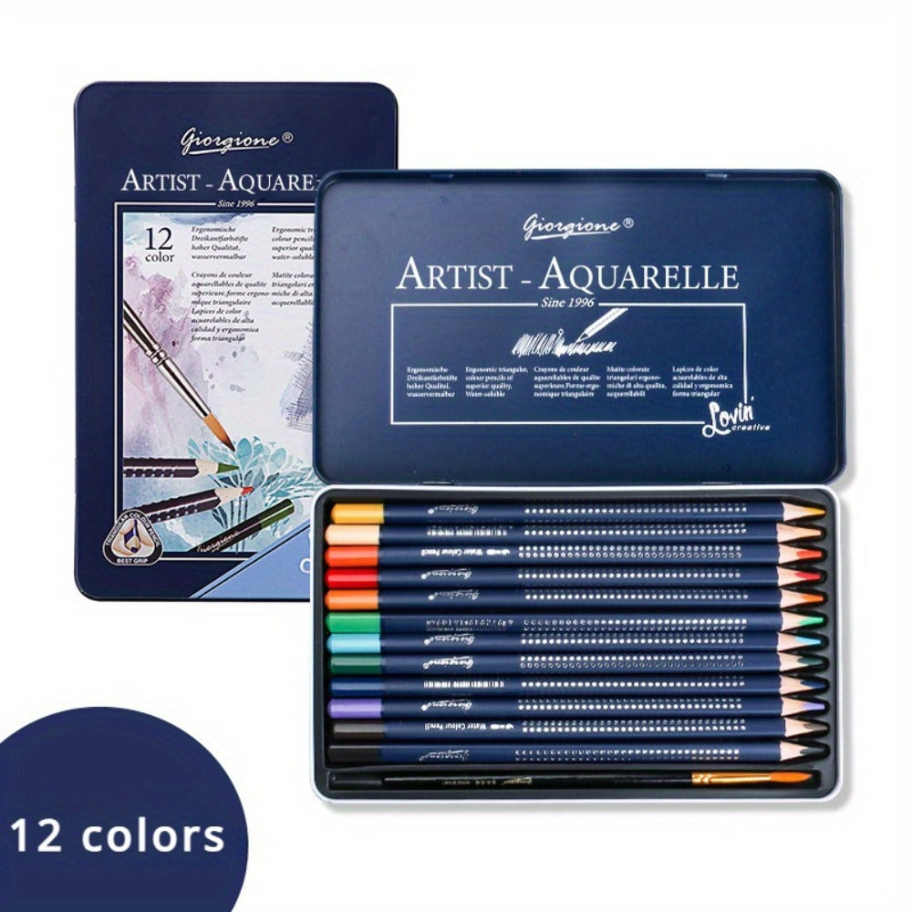Water Soluble Colored Pencils 12 Colors Set – Triangular Barrel Watercolor Pencils for Kids Adults Artists Sketching Blending Drawing School Supplies Gift