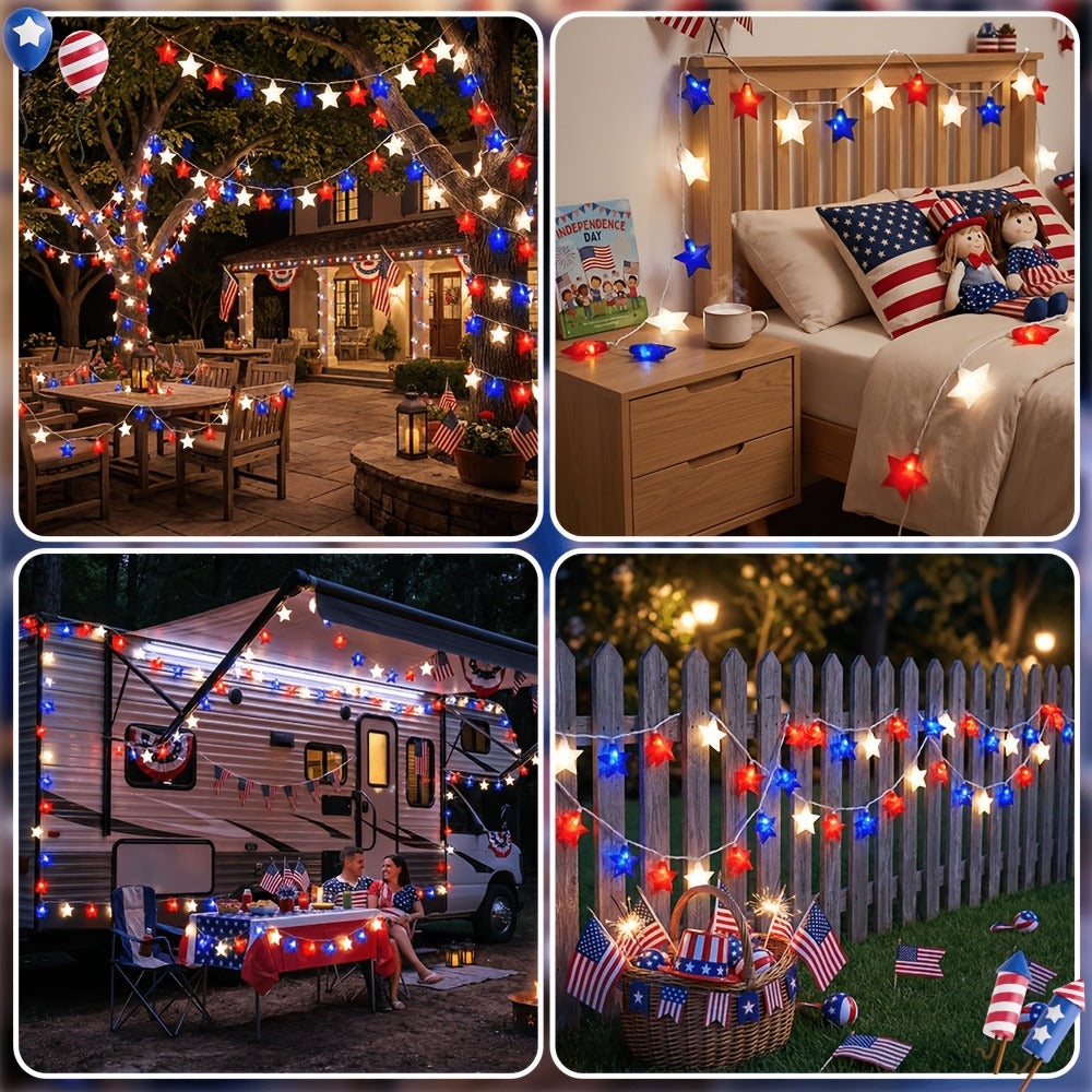 Patriotic Star String Lights July 4th Red White Blue LED Plug-In Indoor Outdoor Decor 8.5FT 12FT Memorial Day Independence Day Party Decoration