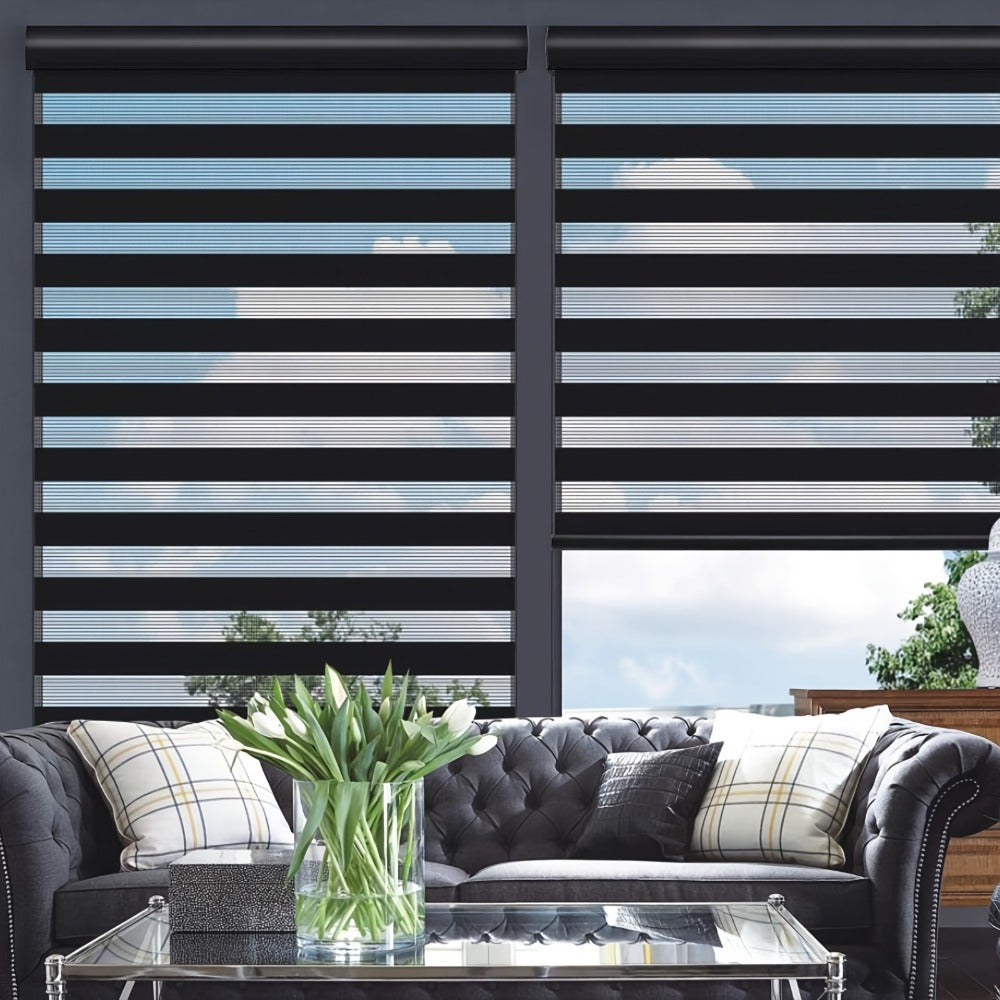 Cordless Zebra Roller Shade with Valance – Day Night Window Blind, Light Filtering Dual Layer Window Treatment Mesh Opaque Fabric