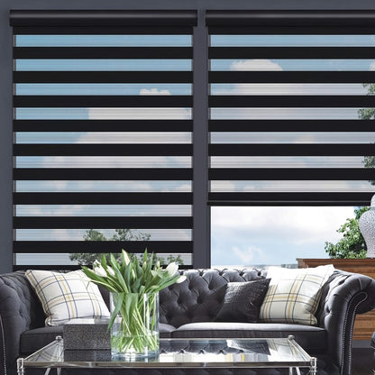 Cordless Zebra Roller Shade with Valance – Day Night Window Blind, Light Filtering Dual Layer Window Treatment Mesh Opaque Fabric