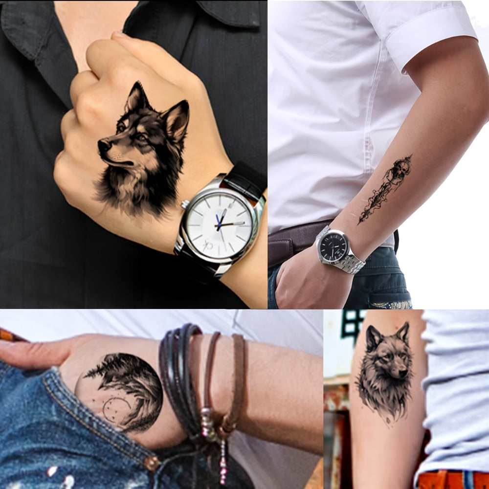 Temporary Tattoos, 44-Sheet Black Animal and Mountain Set with Wolf, Lion and Tiger Designs in Large and Small Sizes