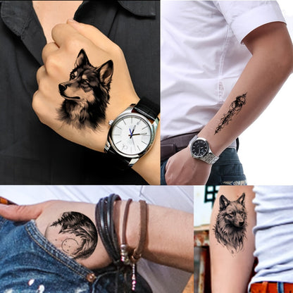 Temporary Tattoos, 44-Sheet Black Animal and Mountain Set with Wolf, Lion and Tiger Designs in Large and Small Sizes