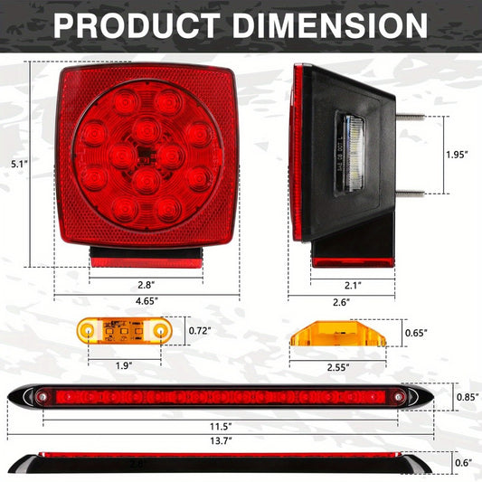 LED Trailer Light Kit with Wire Harness – Tail Lights, Amber Marker Lights & Brake ID Bar, 12V, Fits Boat Trailer Camper Truck Snowmobile Semi