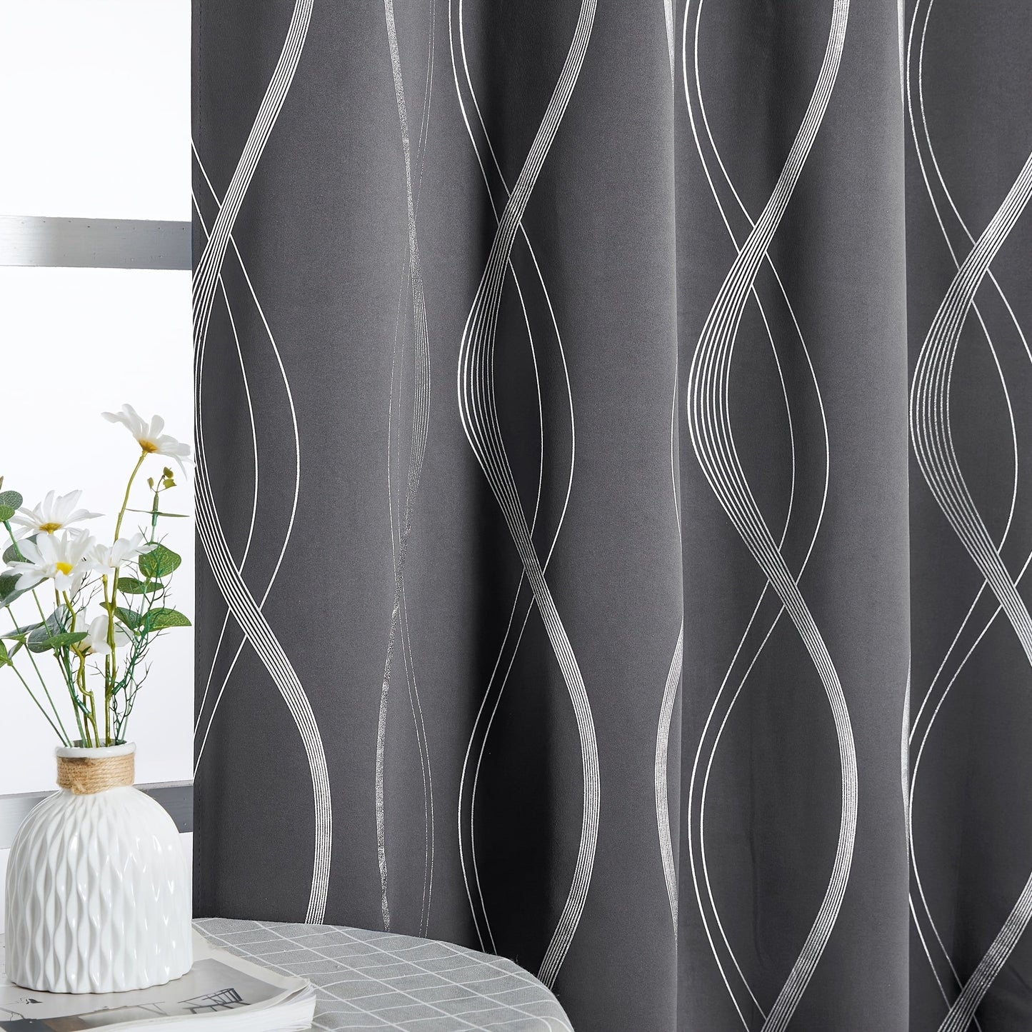 Two-Panel Wave-Line Foil Print Blackout Curtains in 10 Colors with 42- or 52-Inch Width Options