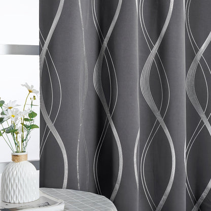 Two-Panel Wave-Line Foil Print Blackout Curtains in 10 Colors with 42- or 52-Inch Width Options