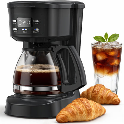 Five-Cup Programmable Drip Coffee Maker with Glass Carafe, Reusable Filter and Black or White Finish