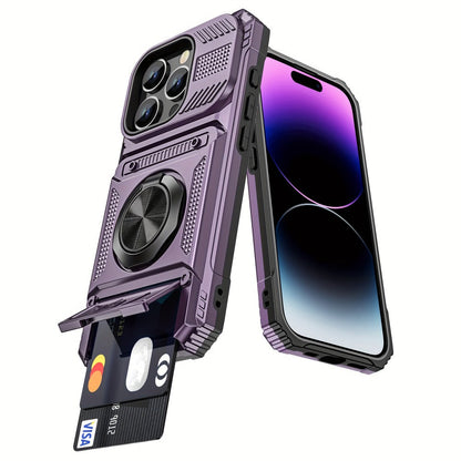 Phone Case Dual-Card Hard Shell Cover with 360° Metal Ring Kickstand for Select iPhone 7–17 Models