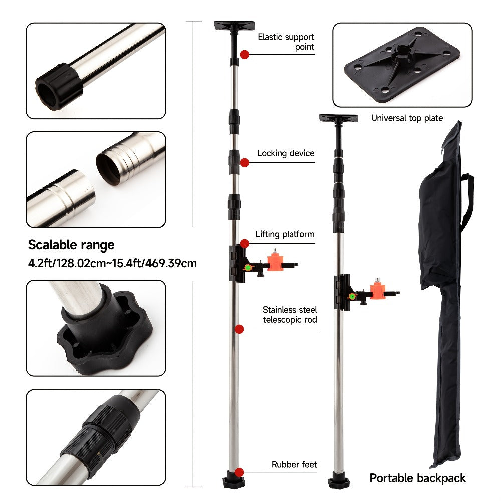Stainless Steel Telescoping Laser Level Pole, 15.4-Foot Support Rod with 1/4-20 and 5/8-11 Mounts