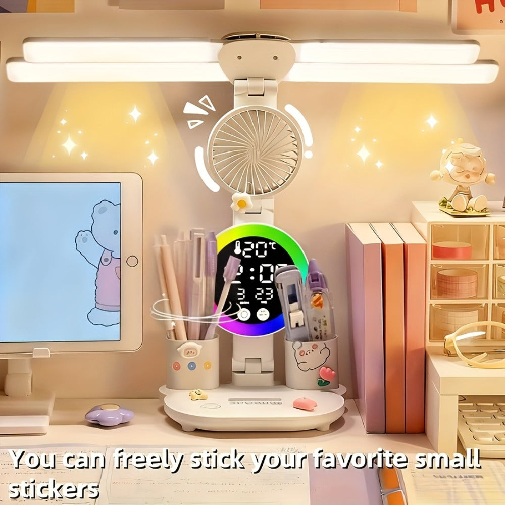 Multifunction LED Desk Lamp with Dual Light Bars, Built-In Fan, Digital Clock Display and One- or Two-Pack Options
