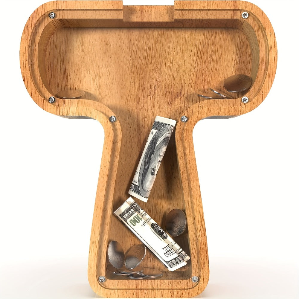 Wooden Alphabet Letter Coin Bank with Clear Front Panel and 23 Fixed Initial Options for Display