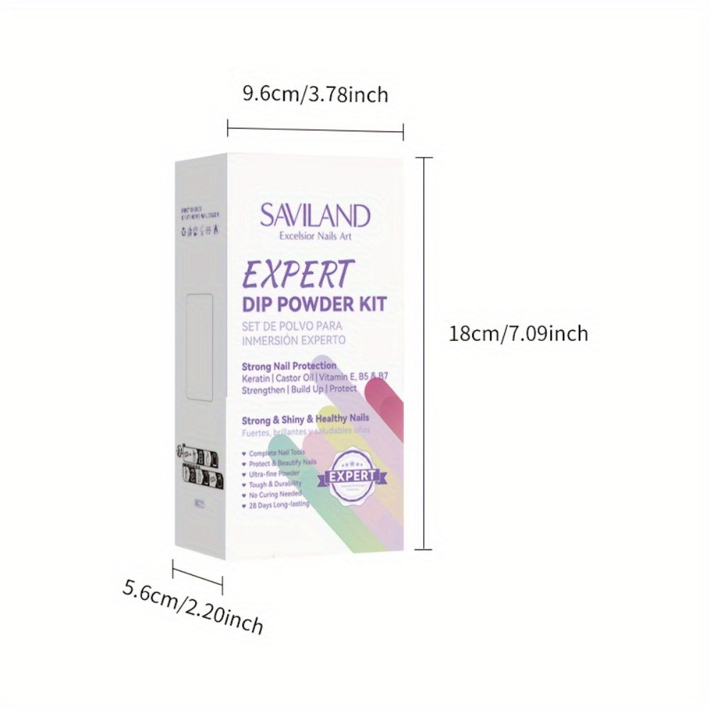 Dip Powder Nail Kit with SAVILAND Label, 60g Clear Powder, Three 15ml Liquids, Files, Buffer and Brush