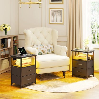Nightstand Two Fabric Drawers with Charging Station, LED Accent Light and PU or Clear Desktop Options