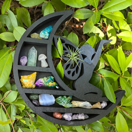 Crescent Moon Crystal Display Shelf Wooden Floating Wall Shelf for Crystals, Gems & Boho Decor – MoonFairy Style Witchy Home Decoration