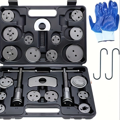 Brake Caliper Wind Back Tool Kit 26-Piece – Brake Caliper Compression Tool Set with 18 Disc Adapters, Thrust Bolt Assemblies, Retaining Plates & Caliper Hangers | Carbon Steel, Blue Case