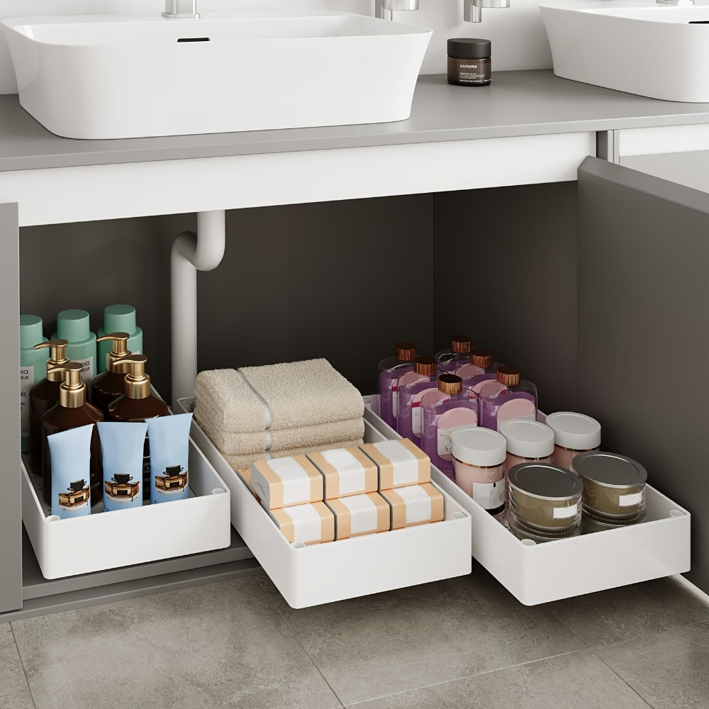 Pull-Out Cabinet Organizer with Sliding Storage Tray in White, Black or Grey for Shelf Organization