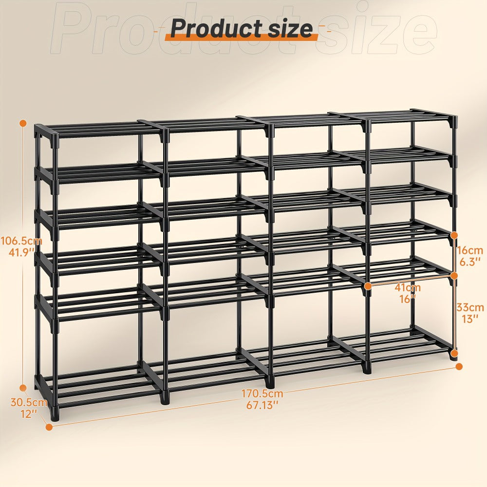 Shoe Rack 4-Row Metal Organizer with 6-Tier 55-Pair or 9-Tier 64-Pair Black Configurations