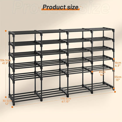 Shoe Rack 4-Row Metal Organizer with 6-Tier 55-Pair or 9-Tier 64-Pair Black Configurations
