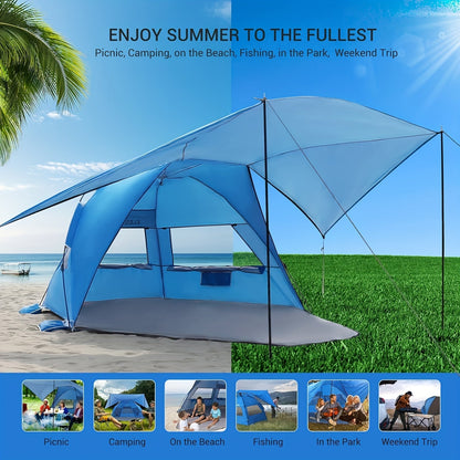Convertible Beach Canopy Tent with Removable Roof, Four Setup Modes and Blue Checkout Color