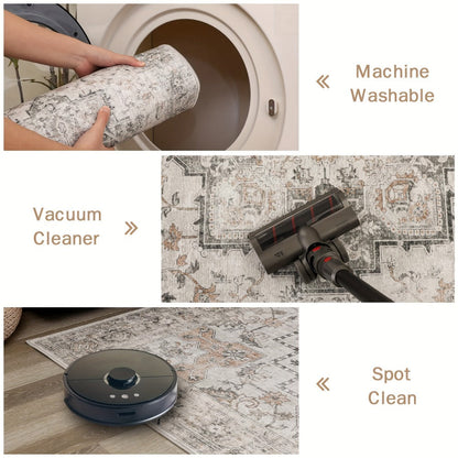 Area Rug Vintage Chenille Print in Light Taupe Brown with Eight Runner and Room Size Options