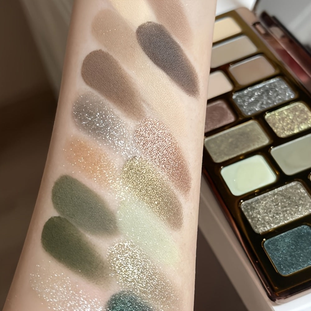 16-Color Eyeshadow Palette – Smoky Retro Matte Glitter & Pearlescent Shades, Gray Green Earthy Tones with Highlight & Blush, Compact Travel-Friendly Makeup Palette for Women