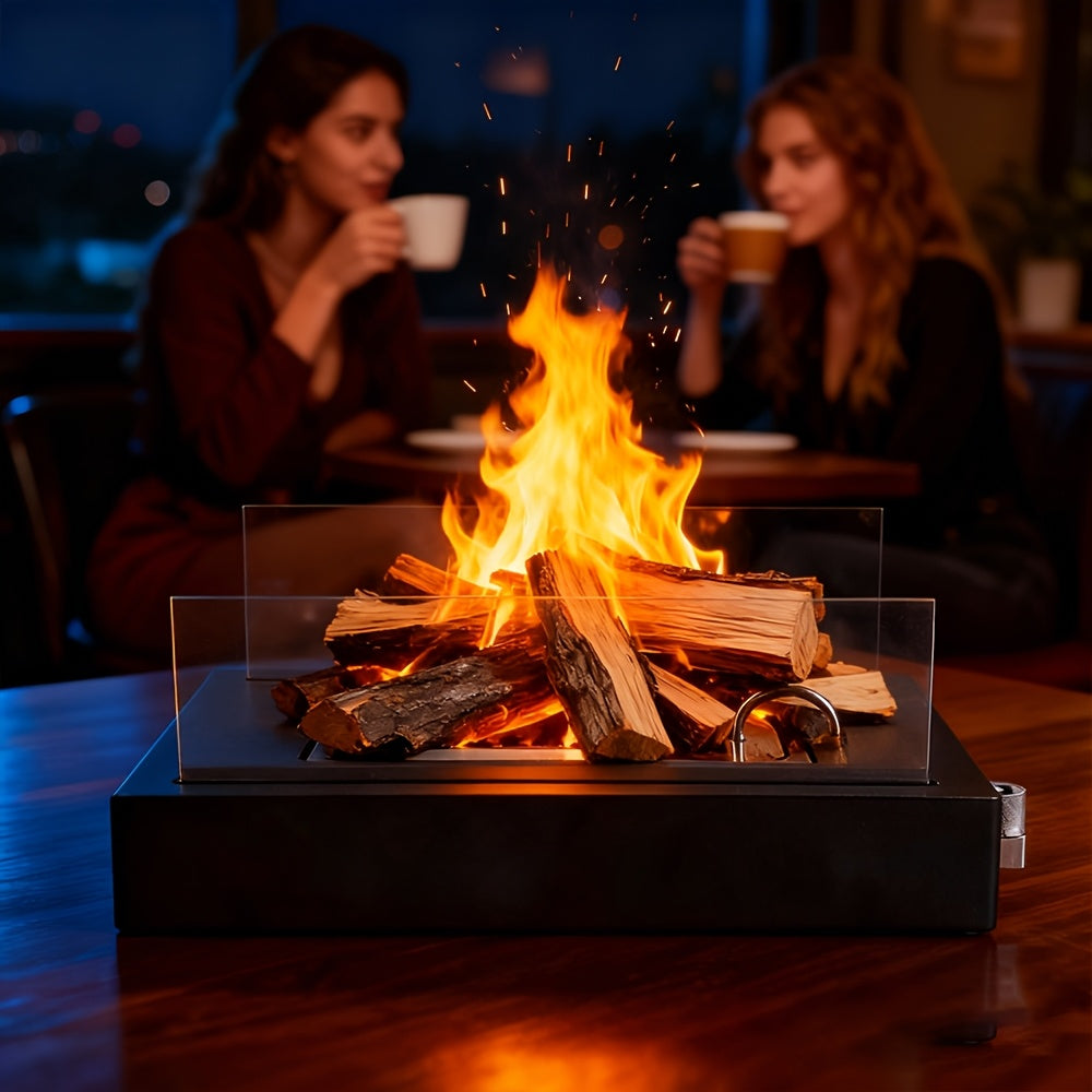 Tabletop Fire Pit Wood Pellet Smoke-Free 15 Inch with Glass Wind Guard, Portable Outdoor Mini Fire Pit for Patio Backyard Camping Tailgating Deck