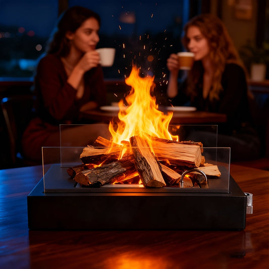 Tabletop Fire Pit Wood Pellet Smoke-Free 15 Inch with Glass Wind Guard, Portable Outdoor Mini Fire Pit for Patio Backyard Camping Tailgating Deck