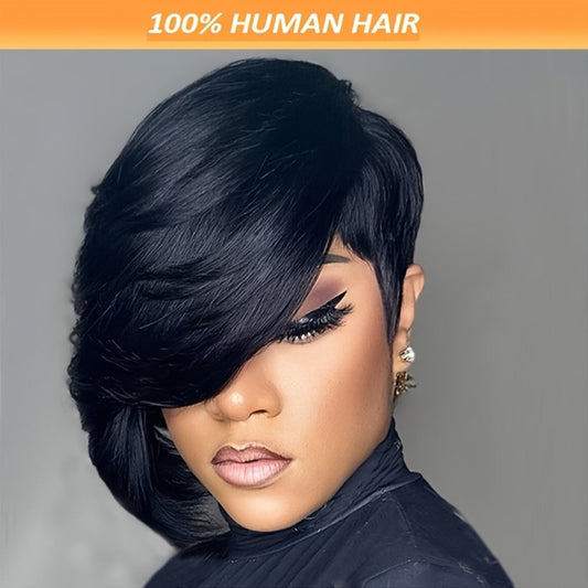 Pixie Cut Human Hair Wig with Bangs 8 Inch 200% Density Glueless | Side Part Layered Straight Rose Net Cap Throw On and Go | #1 #4 #99J Women Daily Party