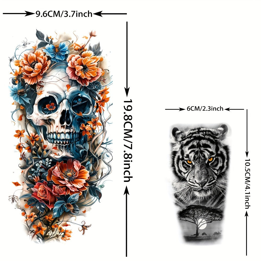 Temporary Tattoos, 71-Sheet Old School and Gothic Set with Tiger, Wolf, Lion, Dragon, Skull and Floral Motifs