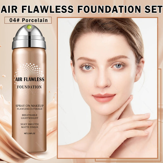 Full Coverage Liquid Foundation Airspray Kit Buildable Formula 6 Shades - Natural Beige Nude Porcelain Tan Medium Long-Lasting Natural Satin Finish, Daily Party Makeup with Puff Applicator for Women