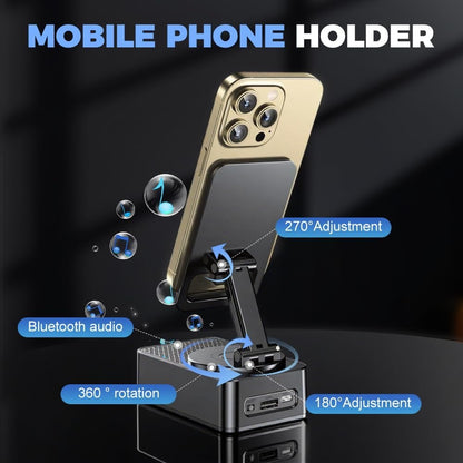 Induction Wireless Speaker Phone Holder Stand 3-in-1 – Foldable Tabletop Mount with Stereo Bass Amplifier, High-Capacity Emergency Battery, Compatible with iPhone & Android Tablets and Smartphones